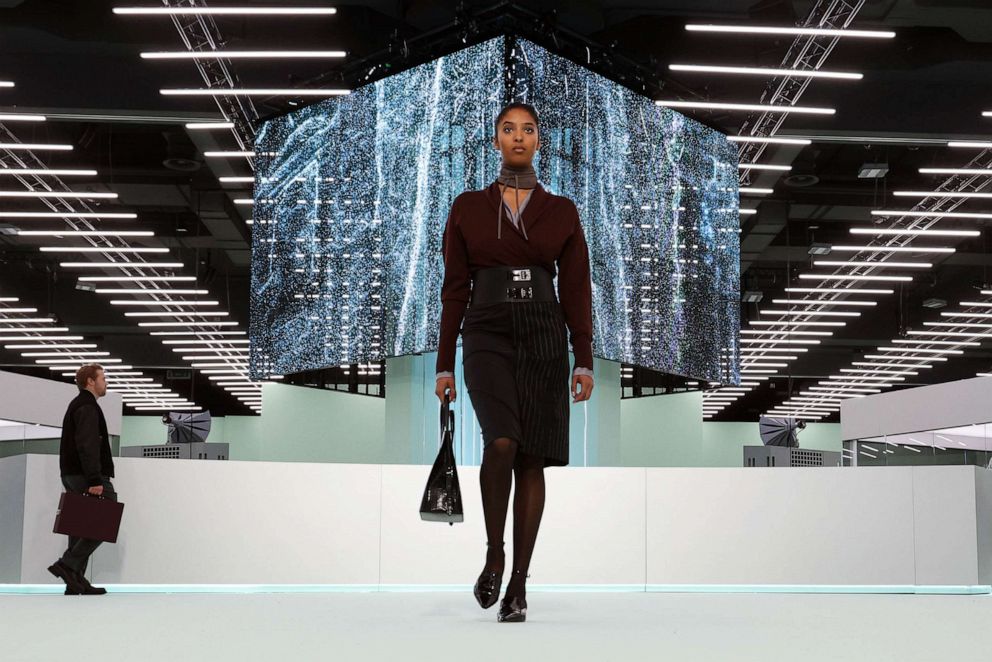 PHOTO: A model walks the runway at the Boss fashion show during the Milan Fashion Week Womenswear Spring/Summer 2024, Sept. 22, 2023 in Milan, Italy.