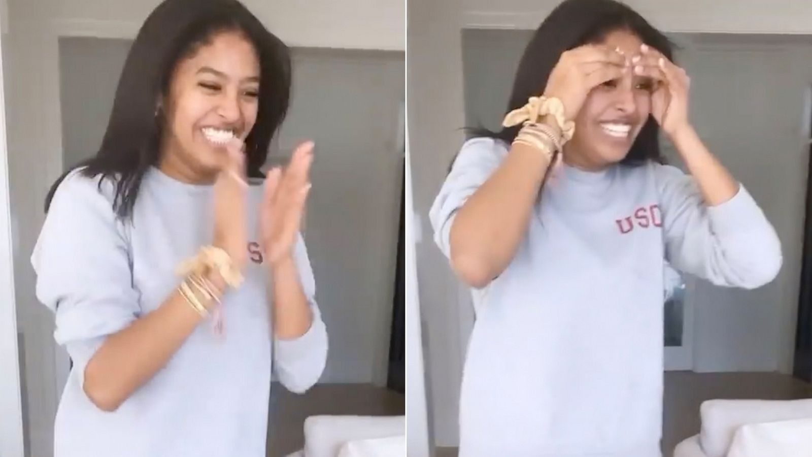 PHOTO: In these screen grabs from a video posted to Vanessa Bryant's Instagram account, Natalia Bryant reacts to finding out she has been accepted to USC.