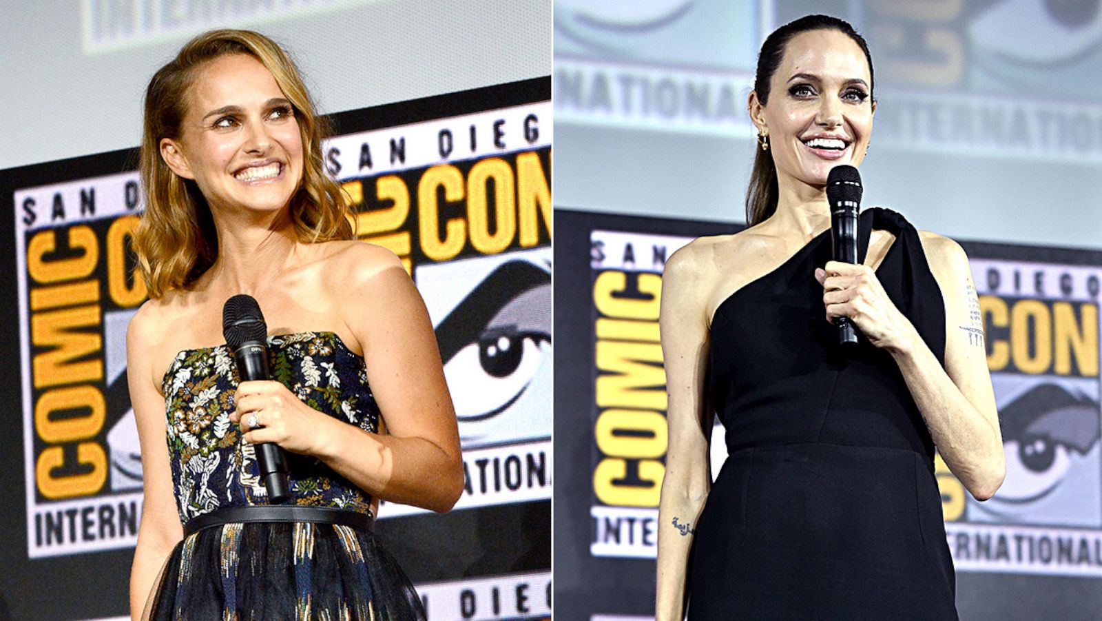 PHOTO: Natalie Portman speaks at the Marvel Studios Panel during 2019 Comic-Con International, July 20, 2019, in San Diego, Calif. Angelina Jolie of Marvel Studios' 'The Eternals' at the San Diego Comic-Con International 2019, July 20, 2019.