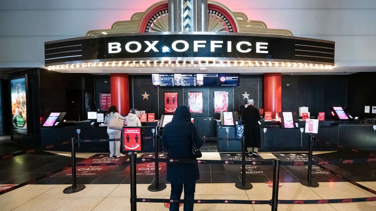 PHOTO: Moviegoers line up at the AMC Lincoln Square 13 box office in New York, March 05, 2021.