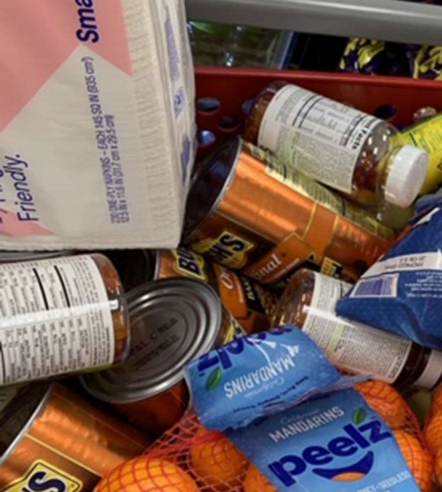 PHOTO: Jess Falkenhagen wrote to ABC News that the family picked up $2800 worth of supplies, including food, toiletries, baby items, and antibacterial cleaning products.