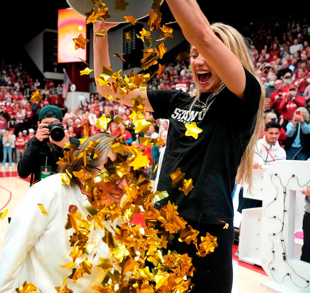 PHOTO: Head coach Tara VanDerveer of the Stanford Cardinal celebrates with her player Cameron Brink #22 after Stanford defeated the Oregon State Beavers 65-56 at Stanford Maples Pavilion on Jan. 21, 2024 in Palo Alto, Calif.