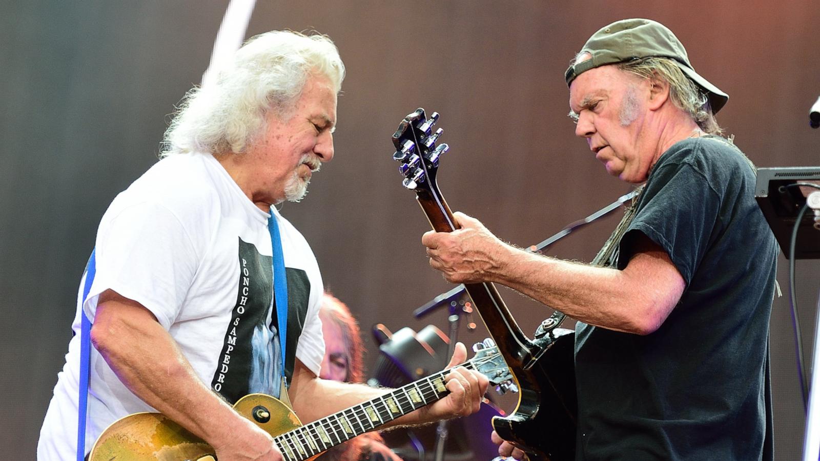 PHOTO: Frank Sampedro and Neil Young of Neil Young and Crazy Horse perform on stage at British Summer Time Festival at Hyde Park on July 12, 2014 in London.