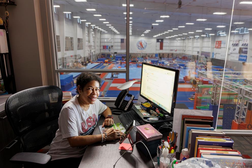 PHOTO: Olympic gymnast Simone Biles' mother Nellie, owner of World Champions Center, in her office over looking the gymnasium in Spring, Texas, June 24, 2024.