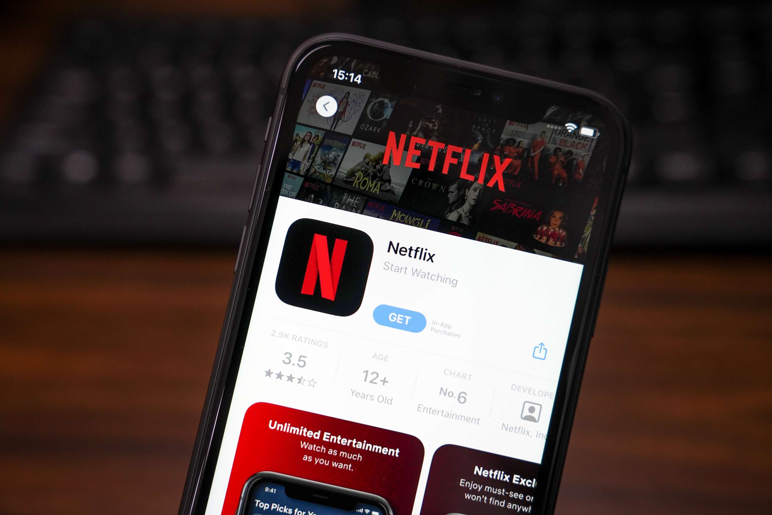 PHOTO: In this photo illustration, the Netflix app is displayed in the App Store on an iPhone on May 18, 2023.