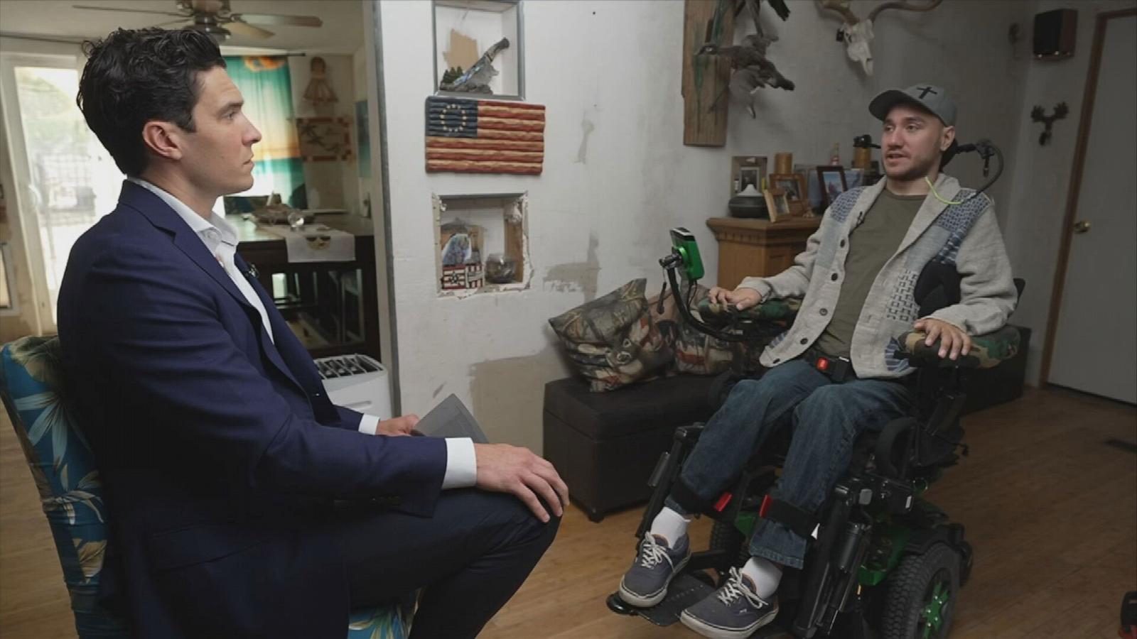 PHOTO: Noland Arbaugh, who became the first human to receive a Neuralink brain implant chip, talks to Will Reeve in an interview that aired on "Good Morning America" on May 17, 2024.
