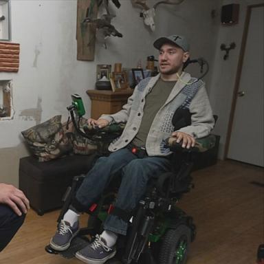PHOTO: Noland Arbaugh, who became the first human to receive a Neuralink brain implant chip, talks to Will Reeve in an interview that aired on "Good Morning America" on May 17, 2024.