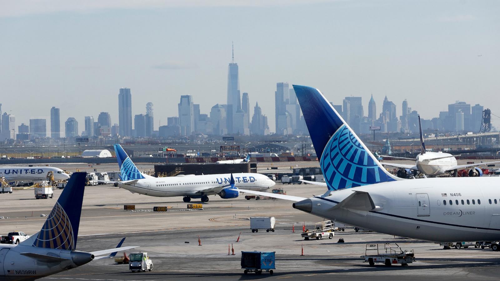 PHOTO: Airplanes sit parked at gates while others proceed to a runway at Newark Liberty International Airport, Feb. 20, 2025, in Newark, New Jersey.