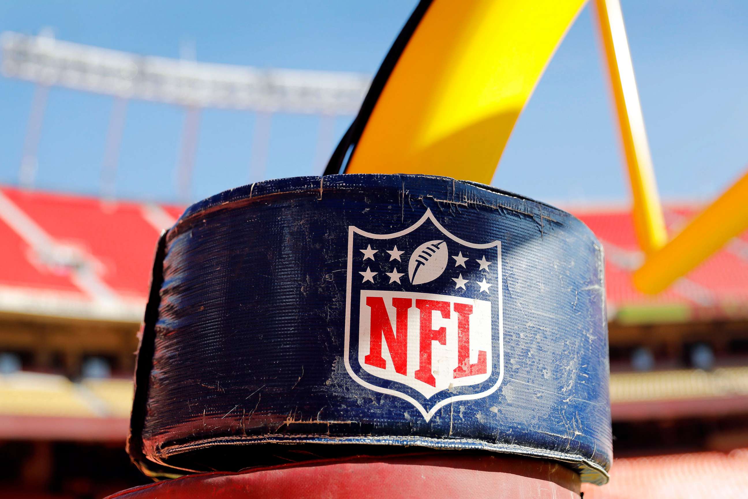 PHOTO: The logo of the National Football League (NFL) on the goal post stanchion at Arrowhead Stadium, Jan. 19, 2020, in Kansas City, Mo.