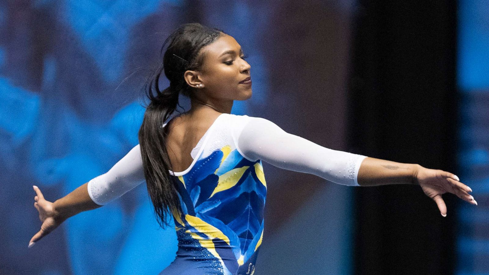 PHOTO: In this Jan. 4, 2020, file photo, UCLA's Nia Dennis is shown during an NCAA gymnastics meet in Anaheim, Calif.