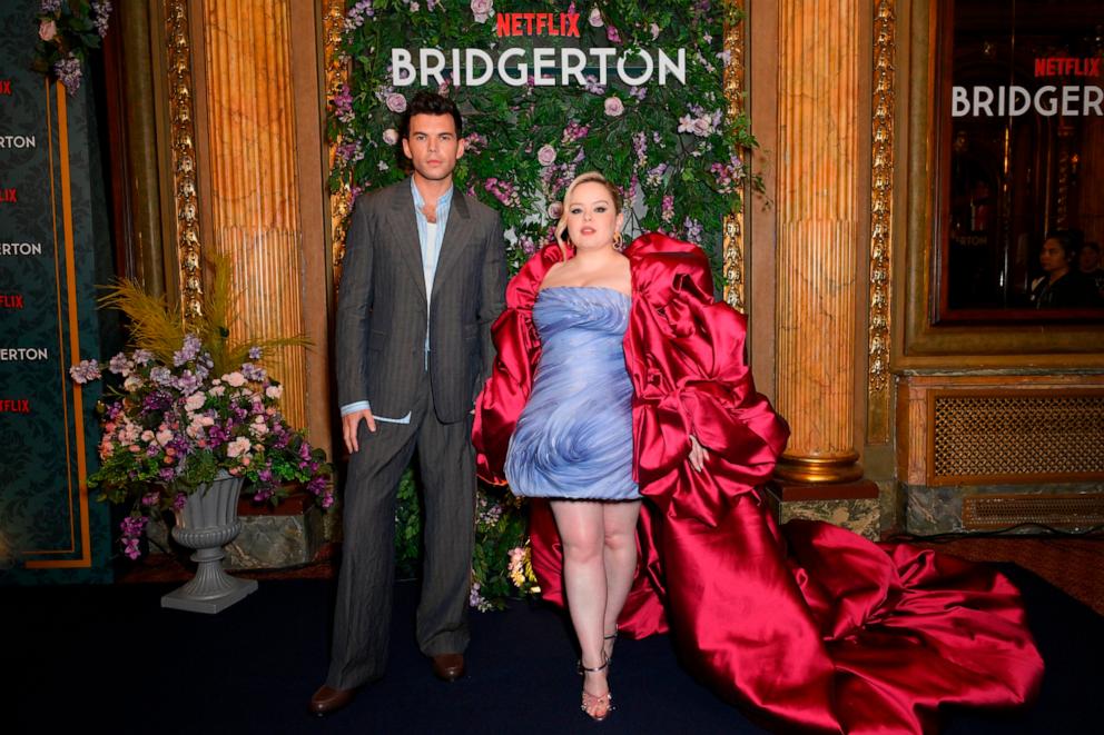 PHOTO: Luke Newton and Nicola Coughlan attend the Toronto Premiere of Netflix's "Bridgerton" Season Three Part II at Elgin and Winter Garden Theatre Centre, June 3, 2024. in Toronto.