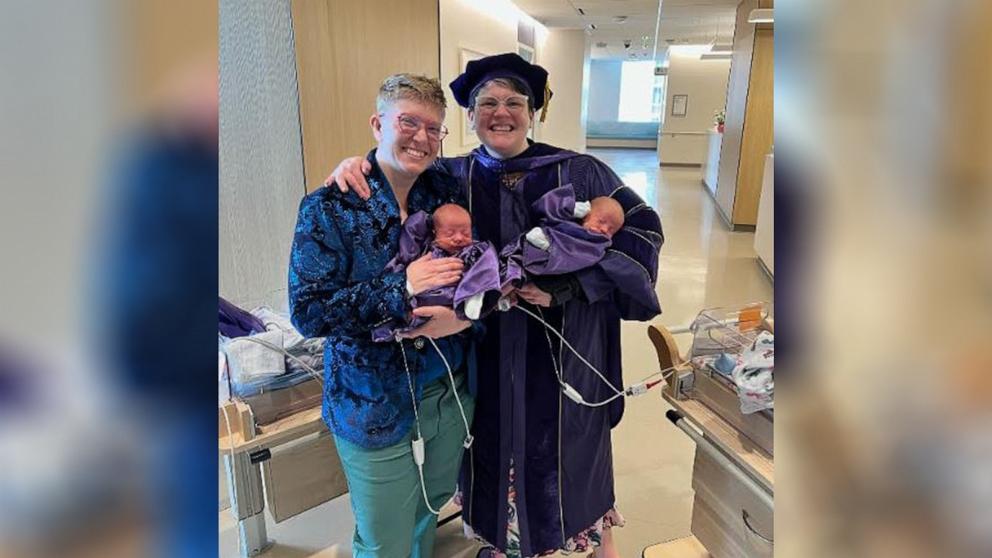 PHOTO: Sarah Tov, pictured with her partner iea tov and their identical twins Zayit and Simcha, graduated with a doctorate in special education and disability studies from University of Washington.