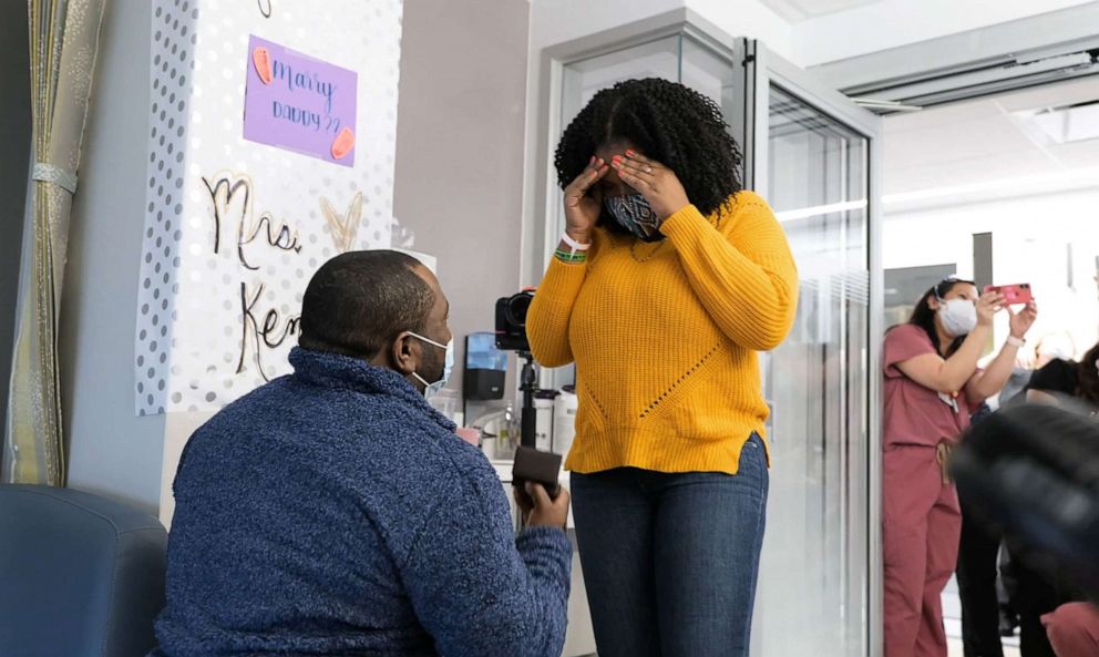 PHOTO: Teon Kennedy proposed to Martine Drouillard in the NICU where their daughter, Morgan, has been treated for 10 months, Feb. 11, 2021, in New York.