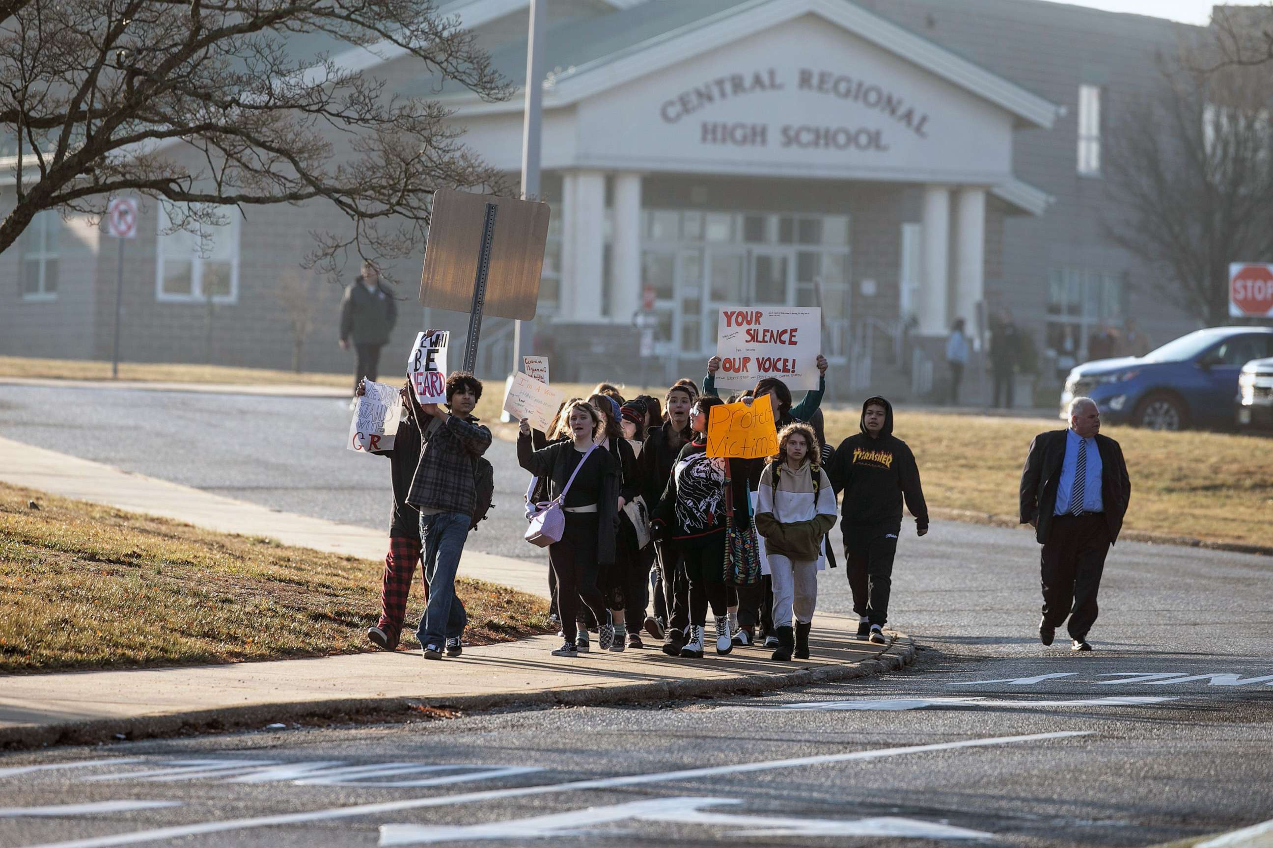 PHOTO: Students of Central Regional High School protest along Forest Hills Parkway in Berkeley Township, N.J., Feb. 8, 2023.