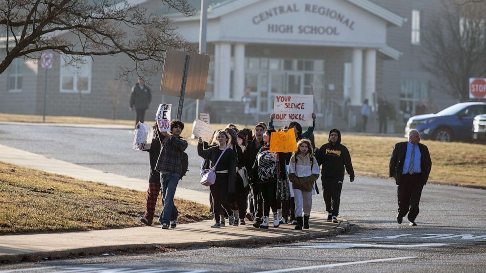 PHOTO: Students of Central Regional High School protest along Forest Hills Parkway in Berkeley Township, N.J., Feb. 8, 2023.