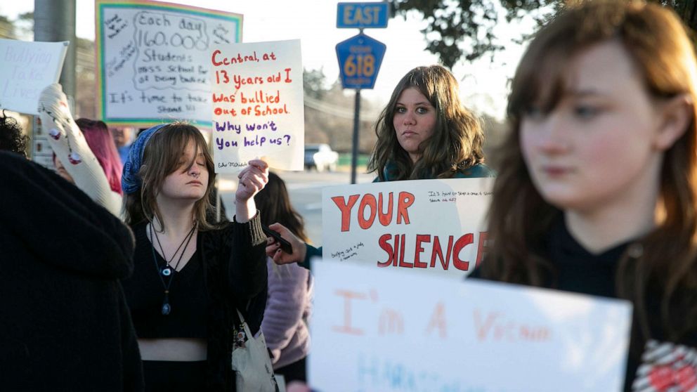 PHOTO: Students of Central Regional High School protest along Forest Hills Parkway in Berkeley Township, N.J., Feb. 8, 2023.