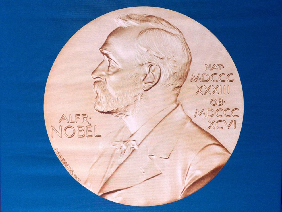 PHOTO: In this file photo taken on Oct. 05, 2015, the laureate medal featuring the portrait of Alfred Nobel is shown.