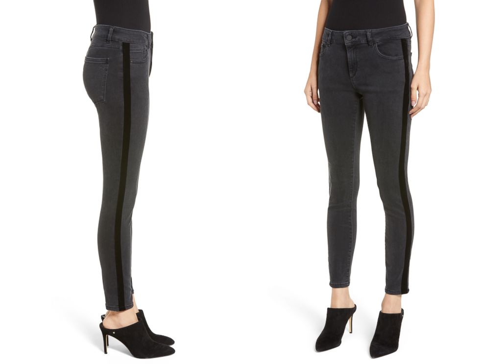 PHOTO: We love the tuxedo-inspired velvet trim on these dark denim jeans. Style Hint: Pair them with high-collar blouses and booties for evenings out.