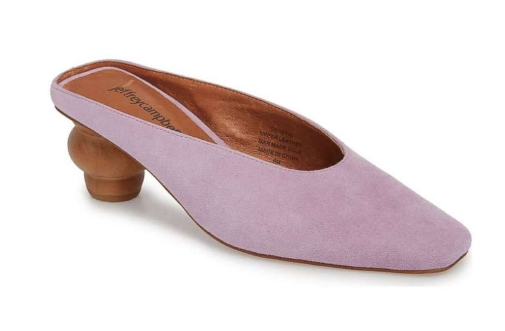 PHOTO: Mules are ideal for these transitional days, but what is catching our eye is the trend of unique heel silhouettes. We also love this fresh take in lavender--a color that flatters all skin tones. 