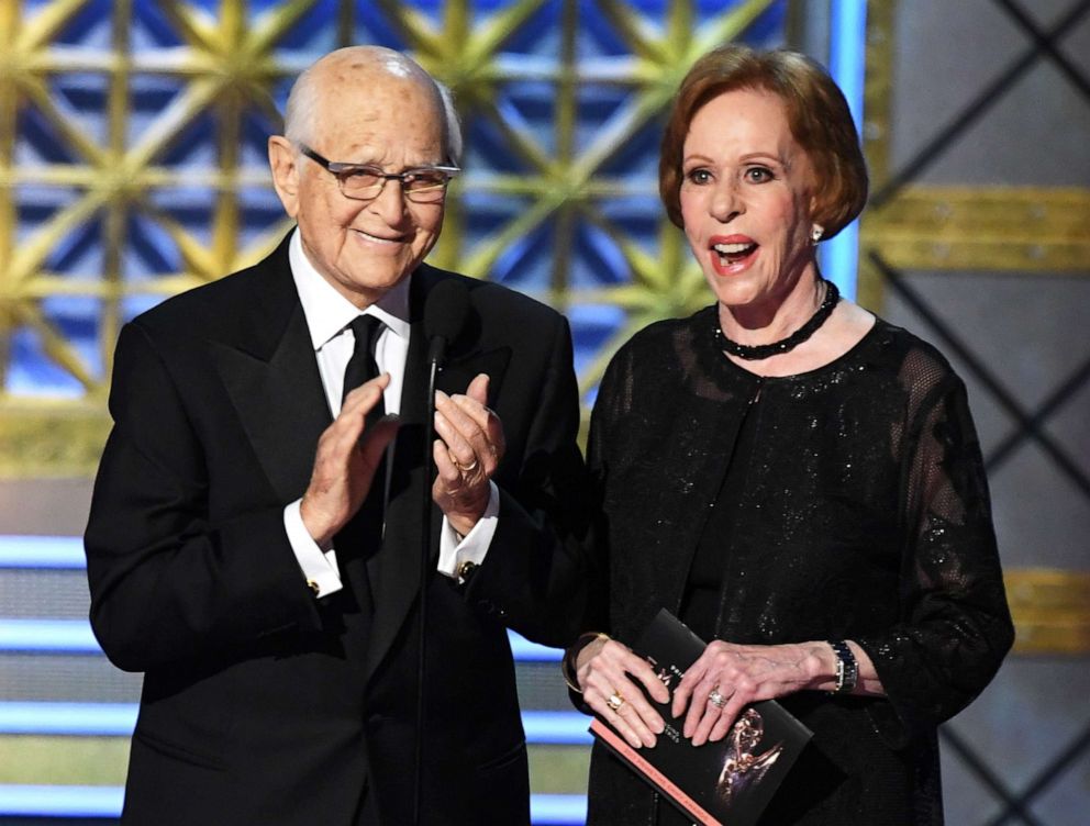 PHOTO: Norman Lear and Carol Burnett speak onstage during the 69th Annual Primetime Emmy Awards at Microsoft Theater on Sept. 17, 2017, in Los Angeles.
