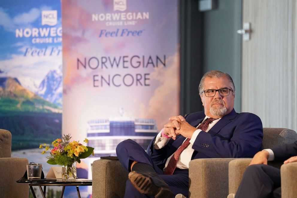 PHOTO: President and CEO of Norwegian Cruise Line Holdings Ltd. Frank Del Rio speaks onstage at the Norwegian Cruise Line's Great Cruise Comeback Press Panel on Aug. 06, 2021, in Seattle.