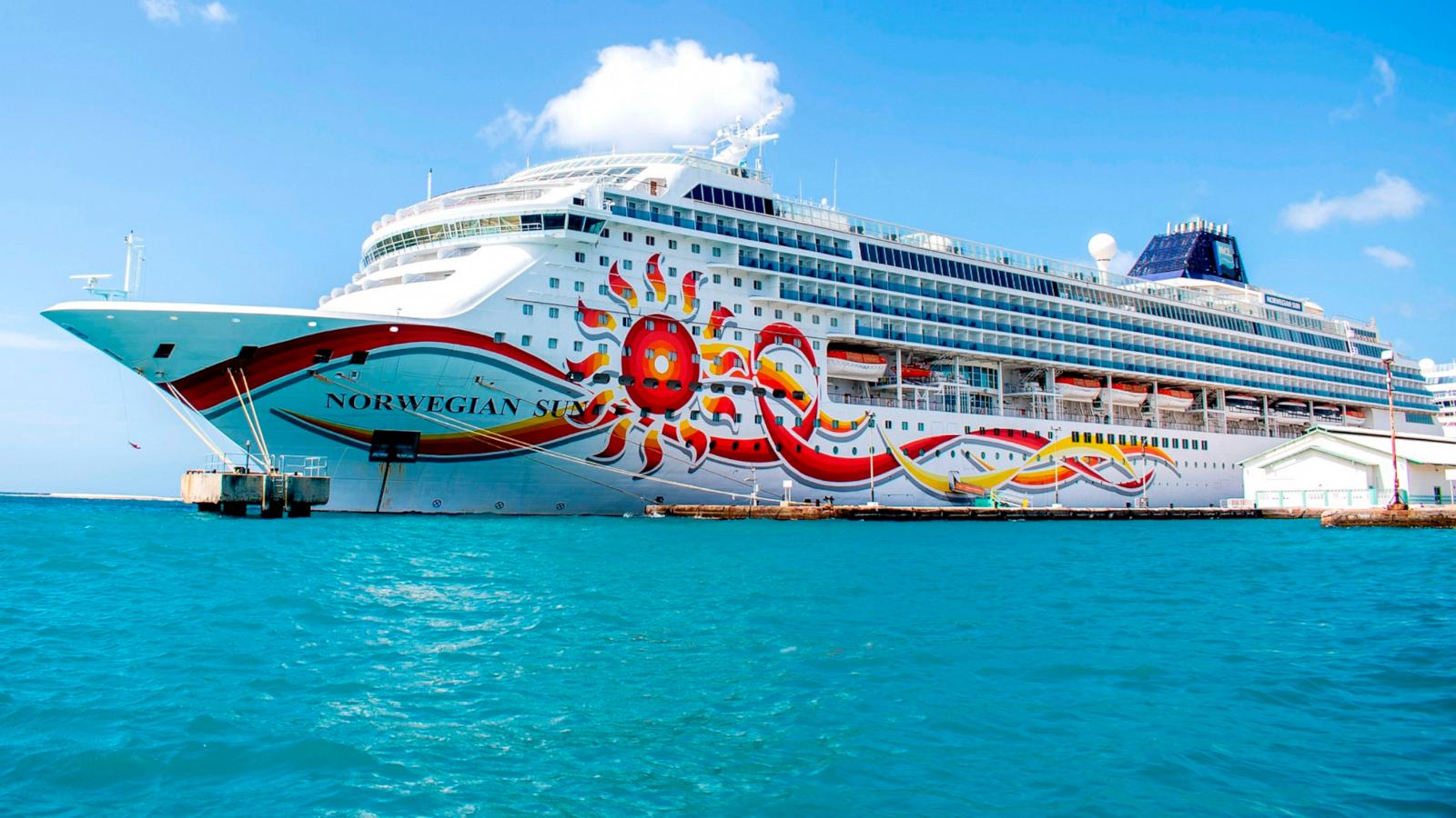 PHOTO: In this April 23, 2021, file photo, the cruise ship Norwegian Sun from Norwegian Cruise Line is shown near the island of Aruba.