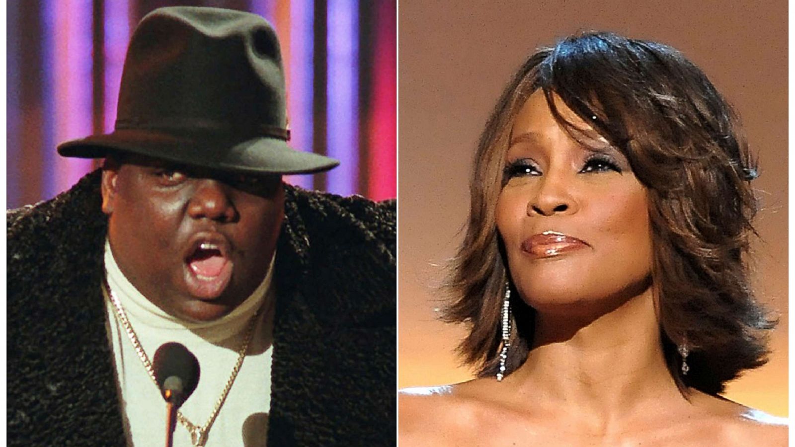 PHOTO: This combination photo shows Notorious B.I.G., who won rap artist and rap single of the year, during the annual Billboard Music Awards in New York, Dec. 6, 1995, left, and singer Whitney Houston at the BET Honors in Washington, Jan. 17, 2009.