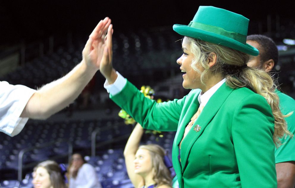 PHOTO: Lynette Wukie made her debut as Notre Dame's first female leprechaun at a women's volleyball game on Aug. 31, 2019, in South Bend, Ind.