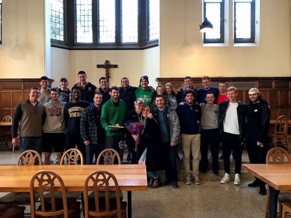 PHOTO: Notre Dame dining hall monitor Pam Jobin, also known as the Notre Dame grandmother to the residents of O'Neill Family Hall, was given a surprise 70th birthday party.