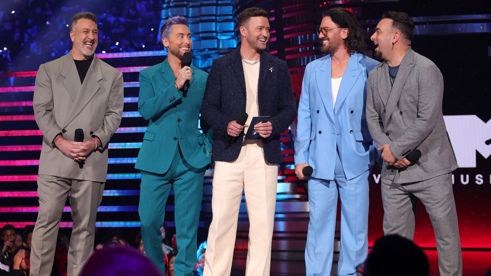 PHOTO: (L-R) Joey Fatone, Lance Bass, Justin Timberlake, JC Chasez and Chris Kirkpatrick of NSYNC speak onstage during the 2023 MTV Video Music Awards at Prudential Center on Sept. 12, 2023 in Newark, N. J.