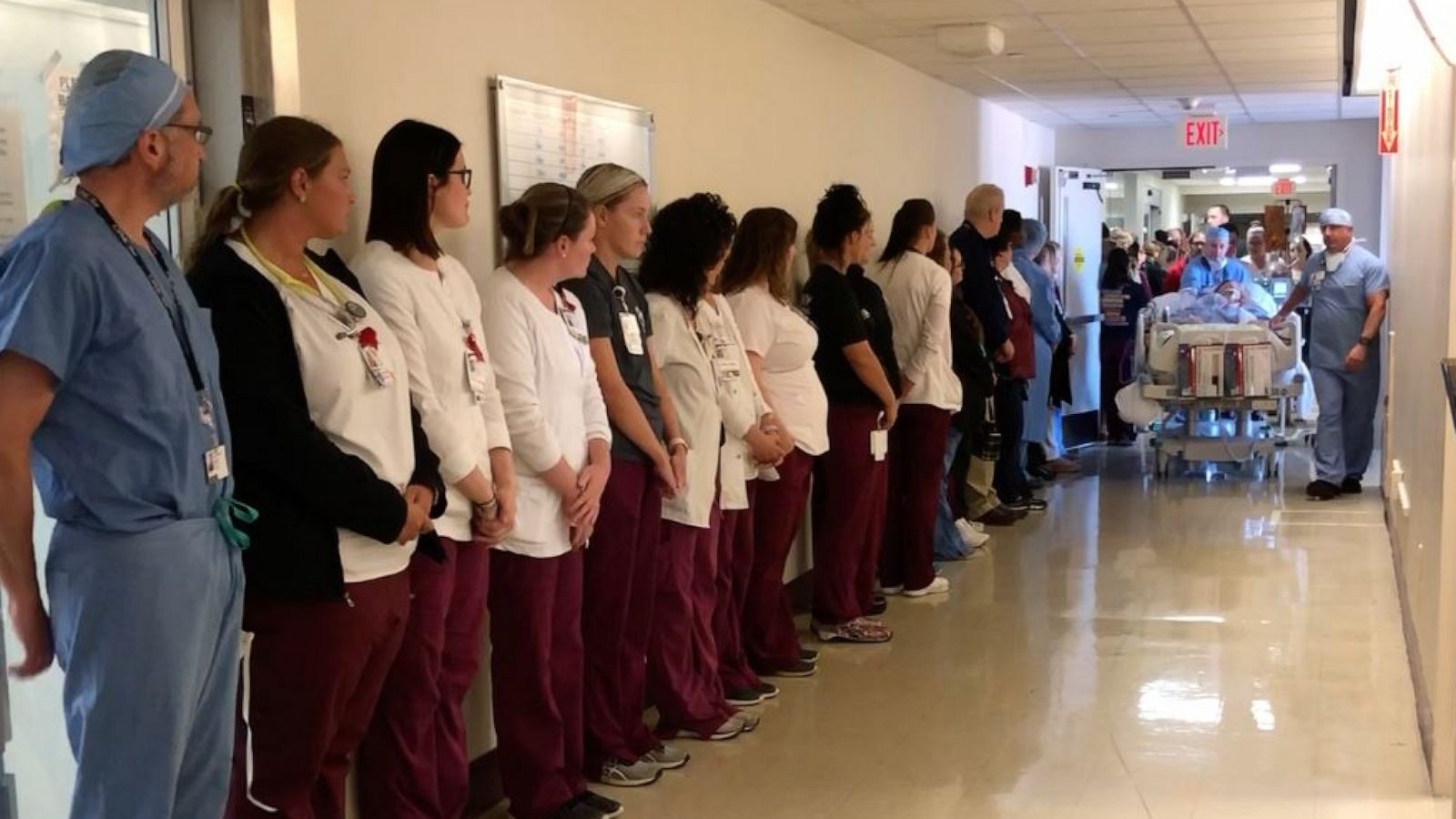 PHOTO: In this undated photo, employees from UPMC Hamot are shown filling the hospital halls for an honor walk for nurse Mary Desin who recently passed away.