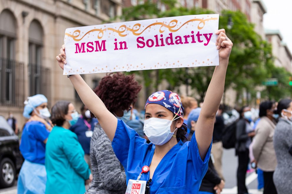 PHOTO: Medical workers gather outside Mount Sinai Morningside Hospital June 2 to support protesters demanding action in wake of George Floyd's death.