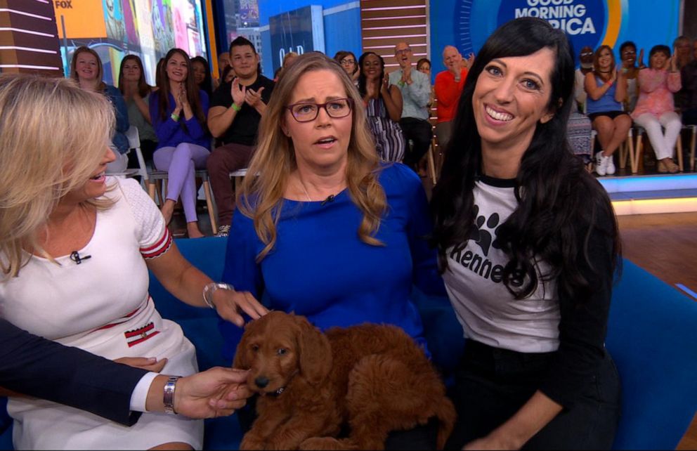 PHOTO: Former nurse Tennille Strode, who has Parkinson's disease, is surprised with a service dog by Jeanette Forrey of 4E Kennels on "Good Morning America," Aug. 12, 2019.