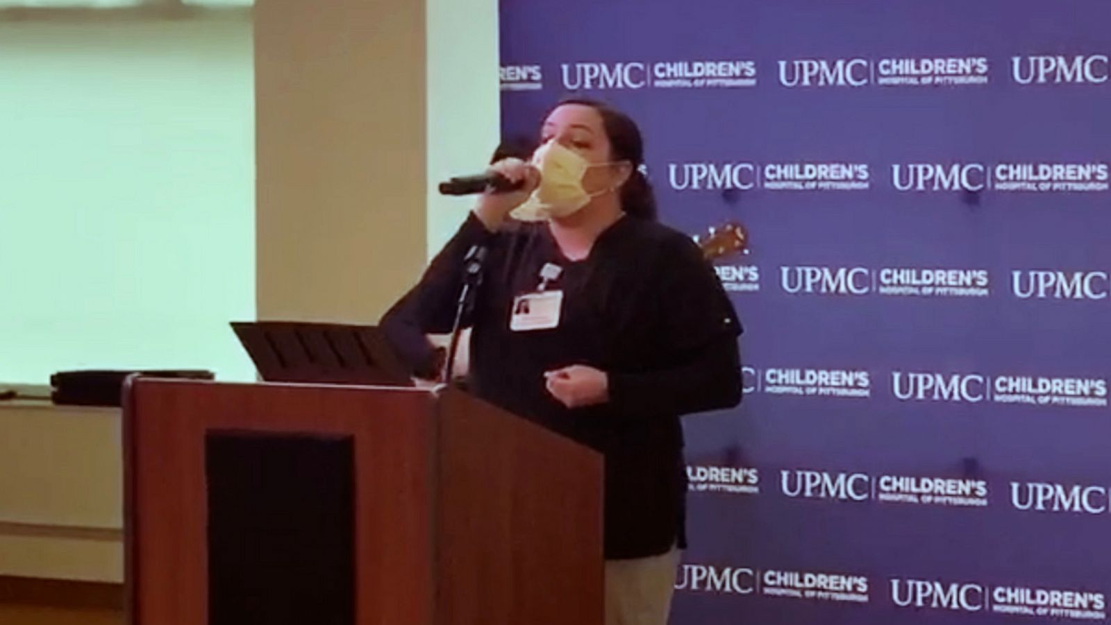 PHOTO: Nurse Jackie Kwasniewski sings the Kacey Musgraves song "Rainbow" in a tribute to her hospital amid the coronavirus pandemic, at UPMC Children's Hospital of Pittsburgh, May 6, 2020.