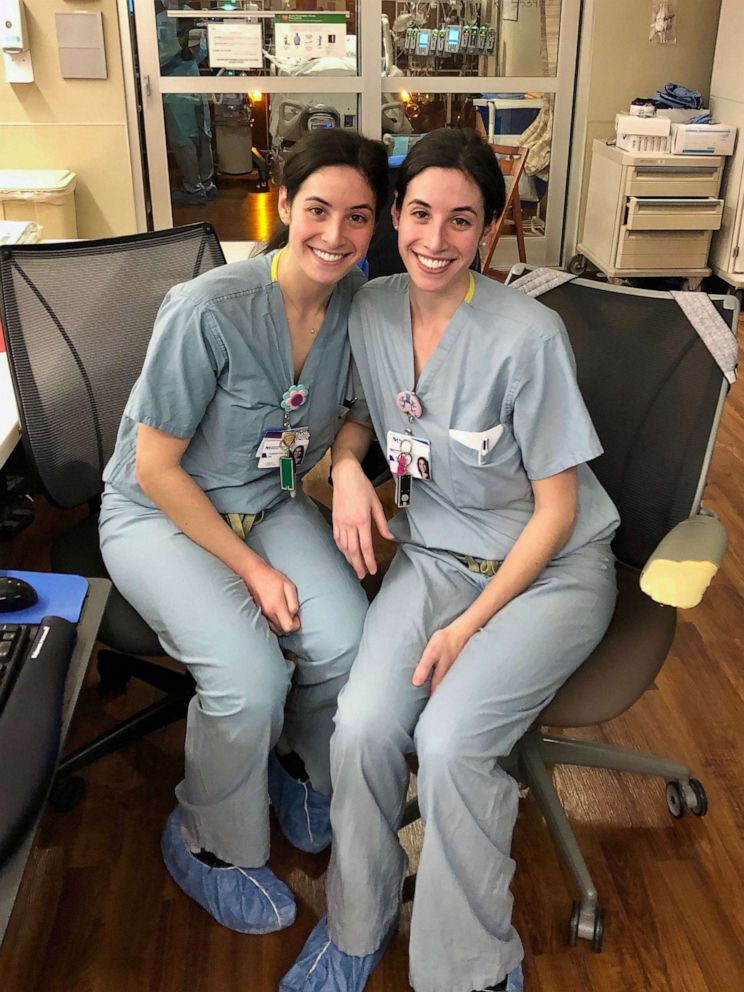 PHOTO: Samantha and Rebecca Silverman are identical twin sisters working together as nurses in the COVID-19 unit at Northwestern Medicine in Chicago.