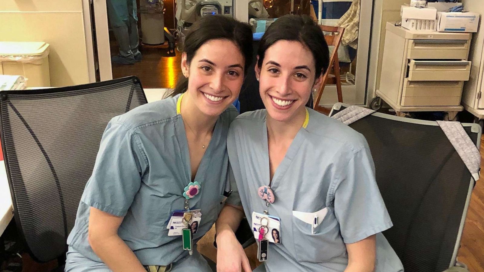 PHOTO: Samantha and Rebecca Silverman are identical twin sisters working together as nurses in the COVID-19 unit at Northwestern Medicine in Chicago.