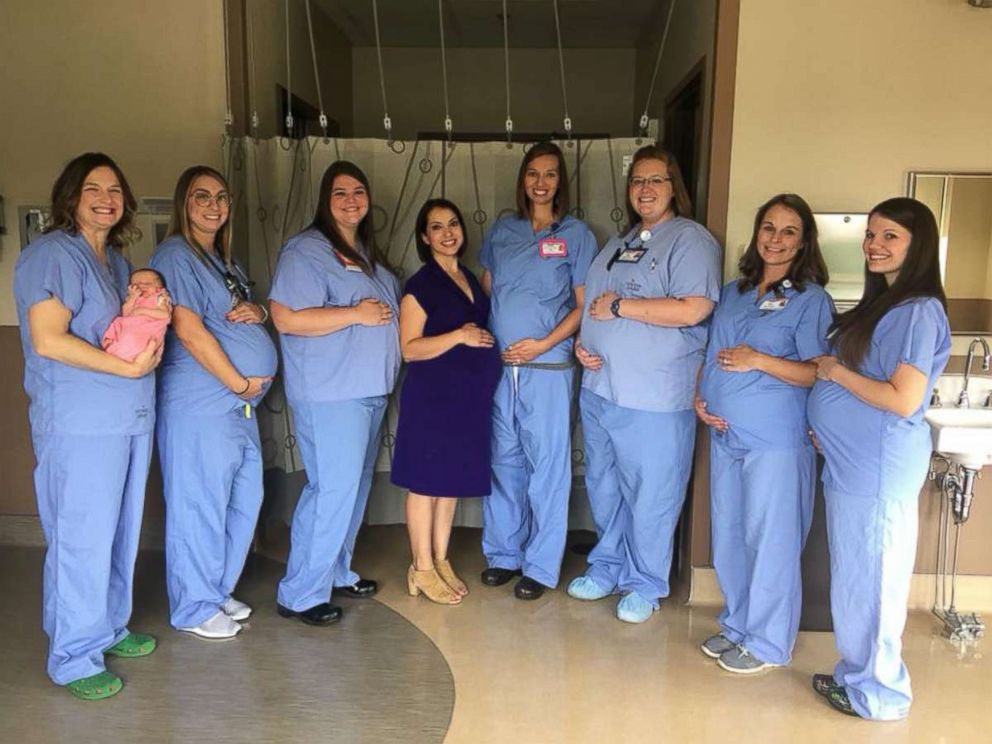 PHOTO: Coworkers at Anderson Hospital's Pavilion for Women in Maryville, Ill., were all pregnant at the same time.