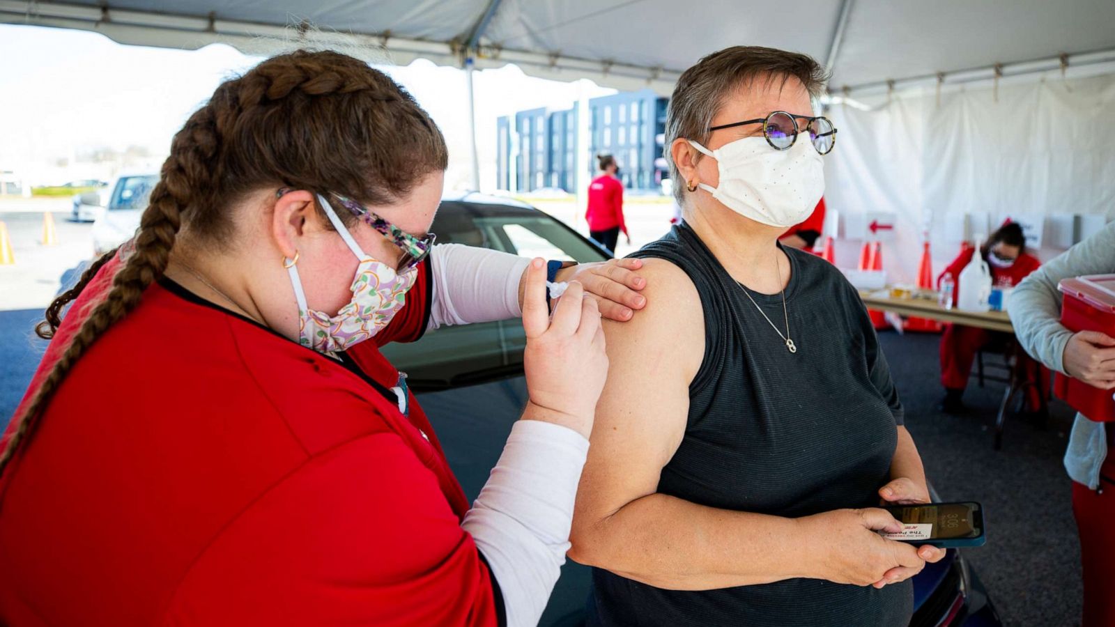 PHOTO: Dominique Brockman, 32, attends Austin Peay State University in Clarksville, Tennessee. Dominique administered the COVID-19 vaccine to her mom, Beatrix Brockman, who is a languages and literature professor at Austin Peay.