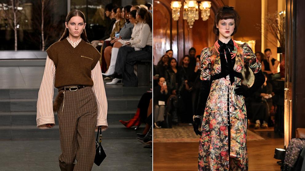 PHOTO: In this split image, a model walks the runway wearing Tory Burch Fall/Winter 2025 at MOMA on Feb. 10, 2025, and a model walks the runway at the Anna Sui fashion show during New York Fashion Week on Feb. 08, 2025, in New York City.