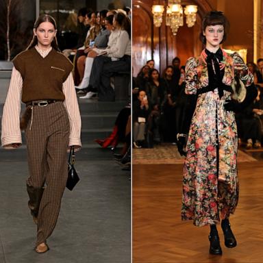 PHOTO: In this split image, a model walks the runway wearing Tory Burch Fall/Winter 2025 at MOMA on Feb. 10, 2025, and a model walks the runway at the Anna Sui fashion show during New York Fashion Week on Feb. 08, 2025, in New York City.