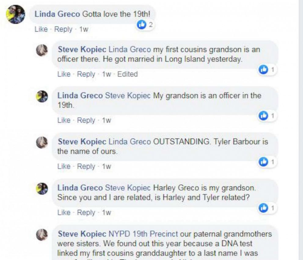 PHOTO: NYPD said that Officer Greco's grandmother did a DNA test and posted about it, leading to both officers' relatives connecting online and making the discovery.