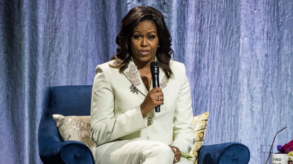 PHOTO: Michelle Obama speaks during her "Becoming: An Intimate Conversation with Michelle Obama" Tour at the Ericsson Globe Arena on April 10, 2019 in Stockholm, Sweden.