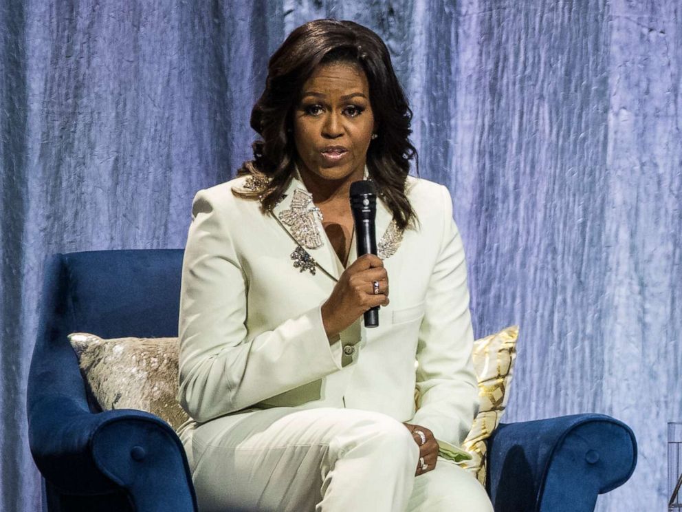 PHOTO: Michelle Obama speaks during her "Becoming: An Intimate Conversation with Michelle Obama" Tour at the Ericsson Globe Arena on April 10, 2019 in Stockholm, Sweden.