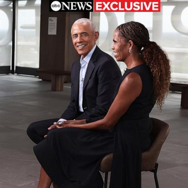 PHOTO: Former president Barack Obama and first lady Michelle Obama speak with "Good Morning America" co-anchor Robin Roberts at the Obama Presidential Center on June 13, 2026.