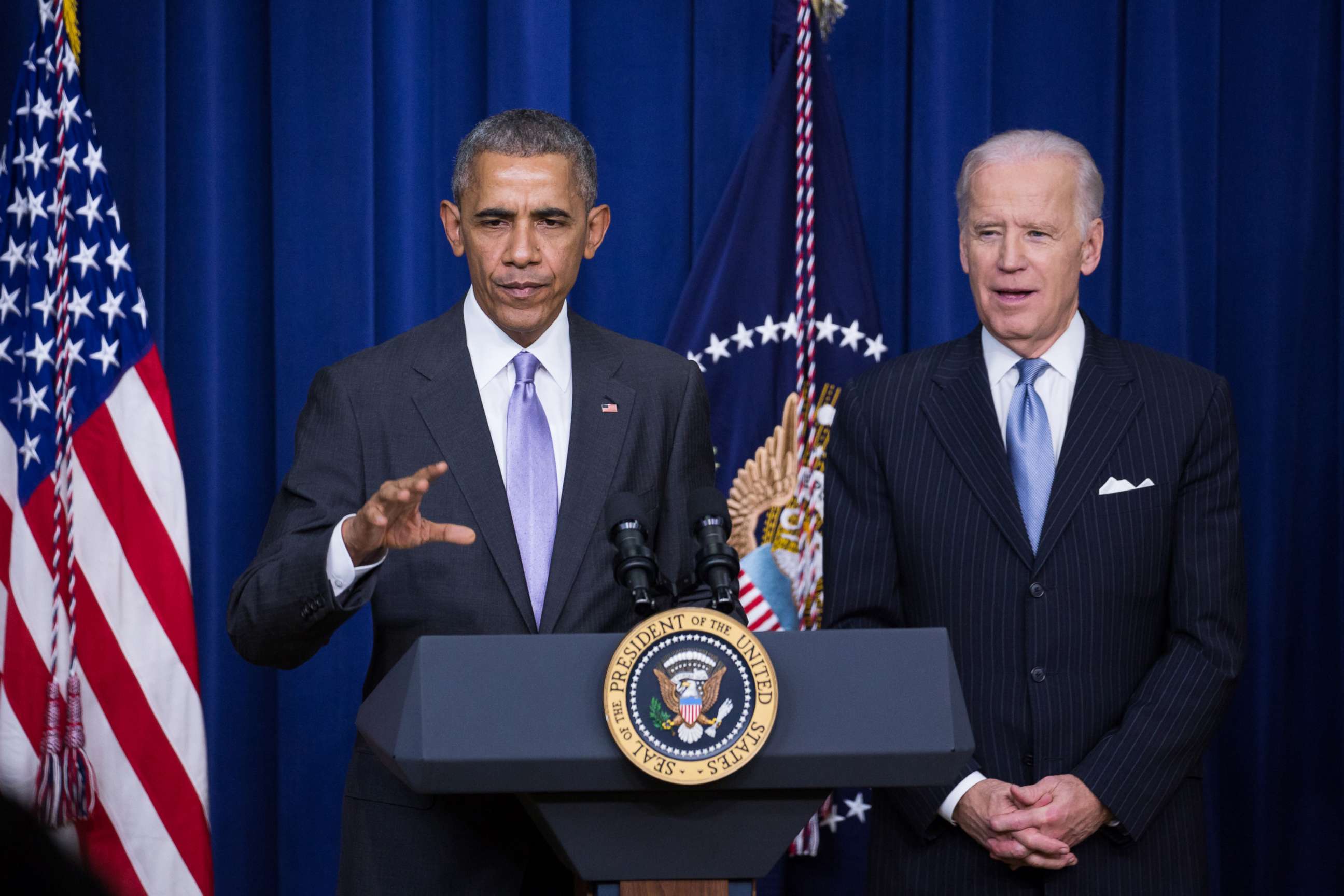 PHOTO: In this Dec. 13, 2016, file photo, President Barack Obama made remarks, with VP Joe Biden by his side, before signing the 21st Century Cures Act, in the Eisenhower Executive Office Building of the White House in Washington, D.C.