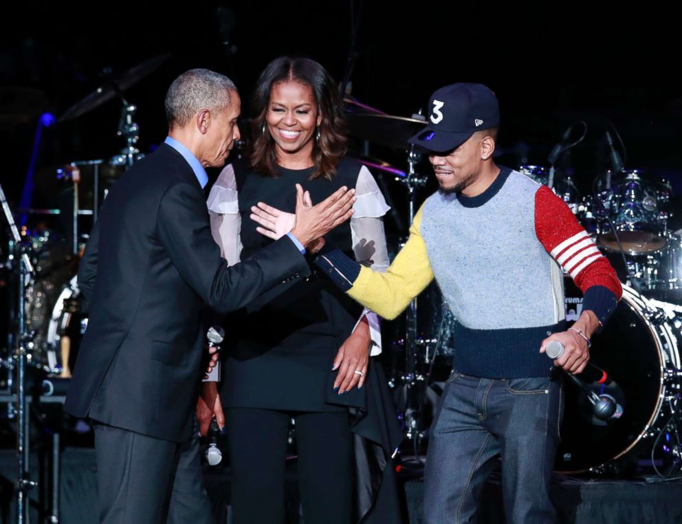 PHOTO: Chance the Rapper, with former President Barack Obama and Michelle Obama at Wintrust Arena in Chicago, in this Nov. 1, 2017 file photo.