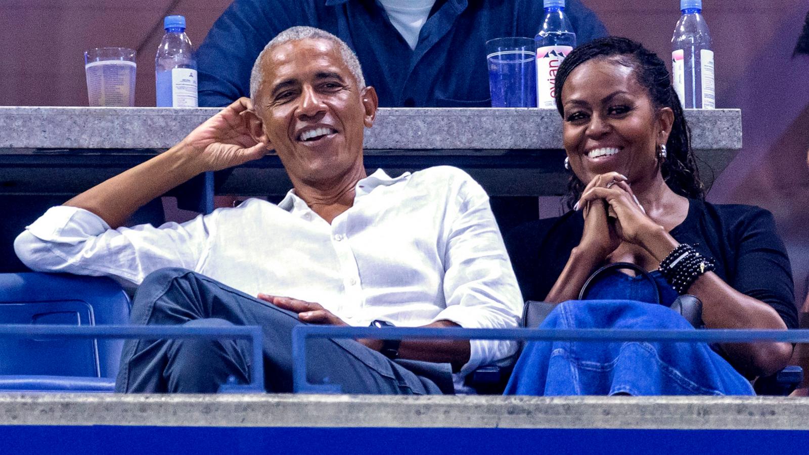 PHOTO: Former President Barack Obama and his wife former First Lady Michelle Obama attend the US Open tennis tournament in New York, Aug. 28, 2023.