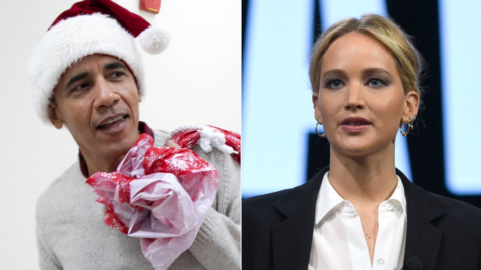 PHOTO: Former President Barack Obama, left, and actress Jennifer Lawrence, right, both visited children's hospitals during the 2018 holiday season.