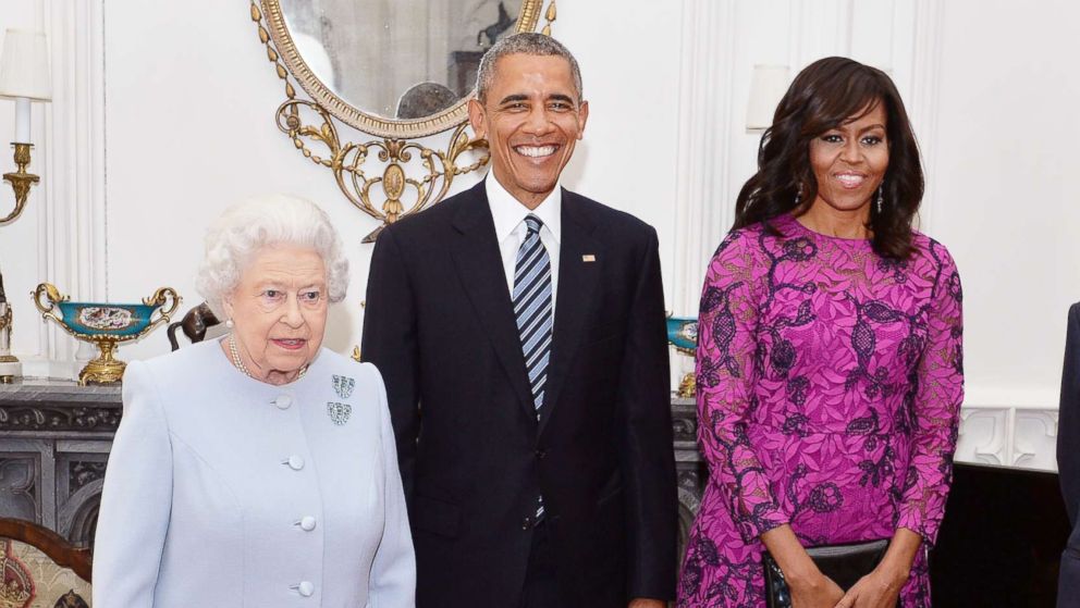 PHOTO: Queen Elizabeth II and Prince Philip, Duke of Edinburgh, stand with President Barack Obama and first lady Michelle Obama in the Oak Room at Windsor Castle on April 22, 2016 in Windsor, England.