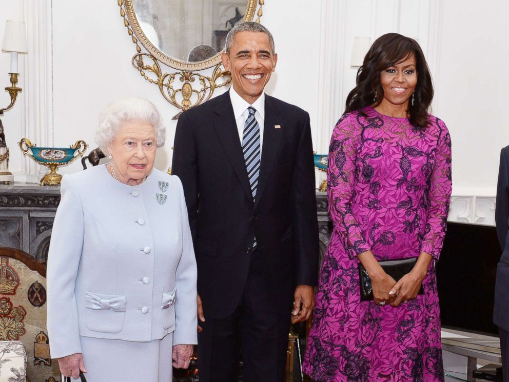 PHOTO: Queen Elizabeth II and Prince Philip, Duke of Edinburgh, stand with President Barack Obama and first lady Michelle Obama in the Oak Room at Windsor Castle on April 22, 2016 in Windsor, England.